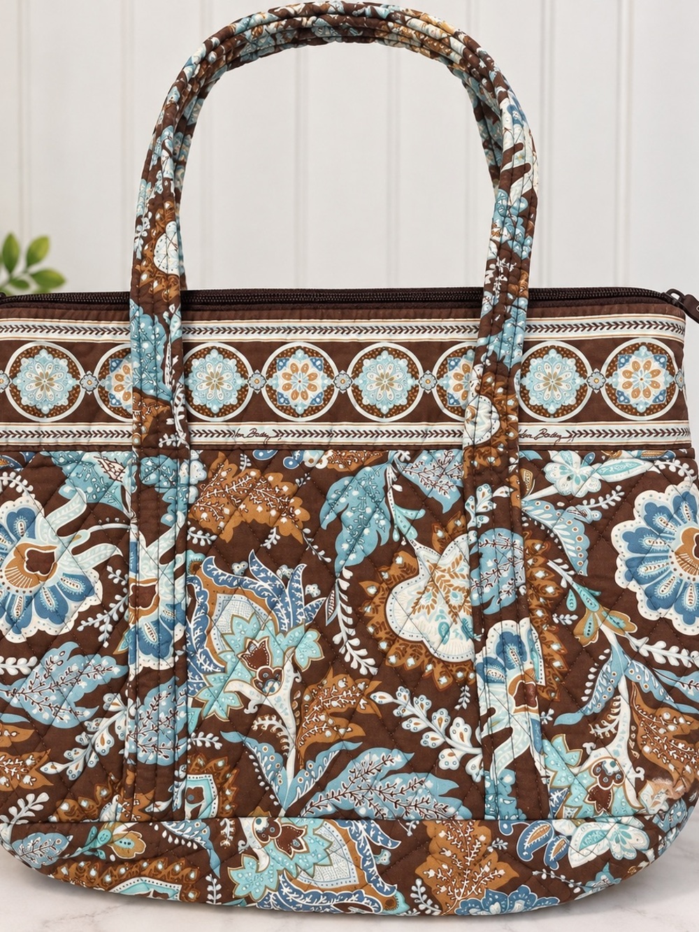 Vera Bradley Quilted Paisley Tote in Brown and Light Blue